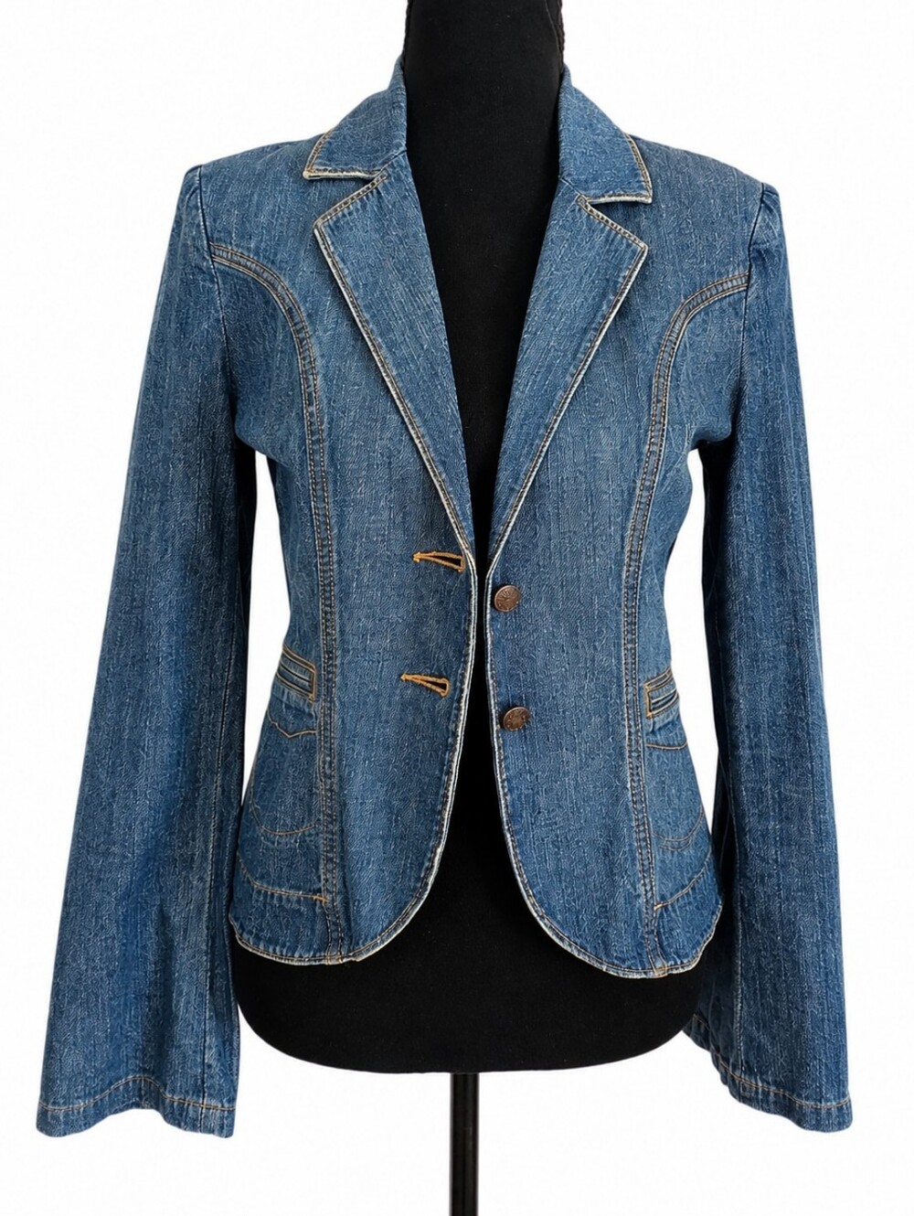 EXPRESS Vintage Jean Blazer Embroidered Floral Detail Sz Sm